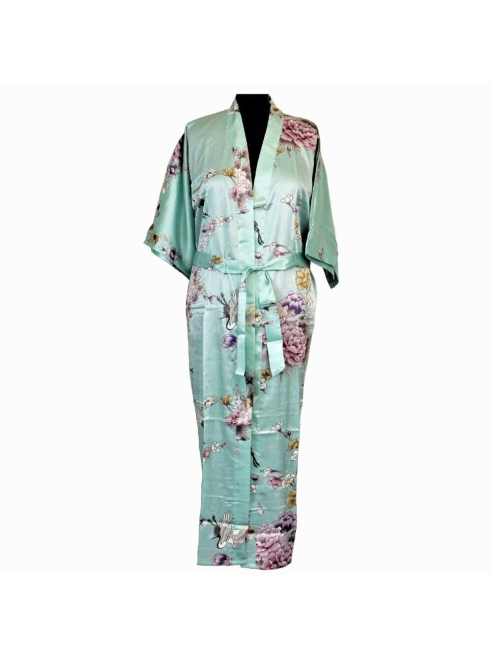 Women's Satin Kimono Robe Long Stork & Blossoms Blue One Size